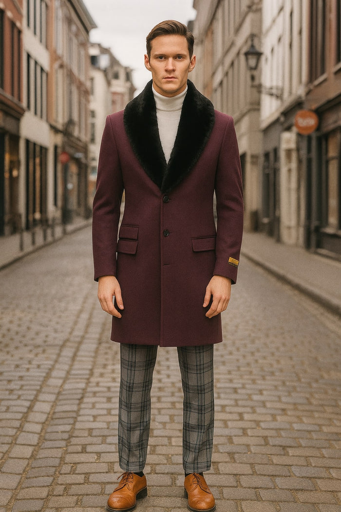 Mens Purple Wool Overcoat with Black Faux Fur Collar  Luxury Winter Dress Coats for Formal and Casual Wears