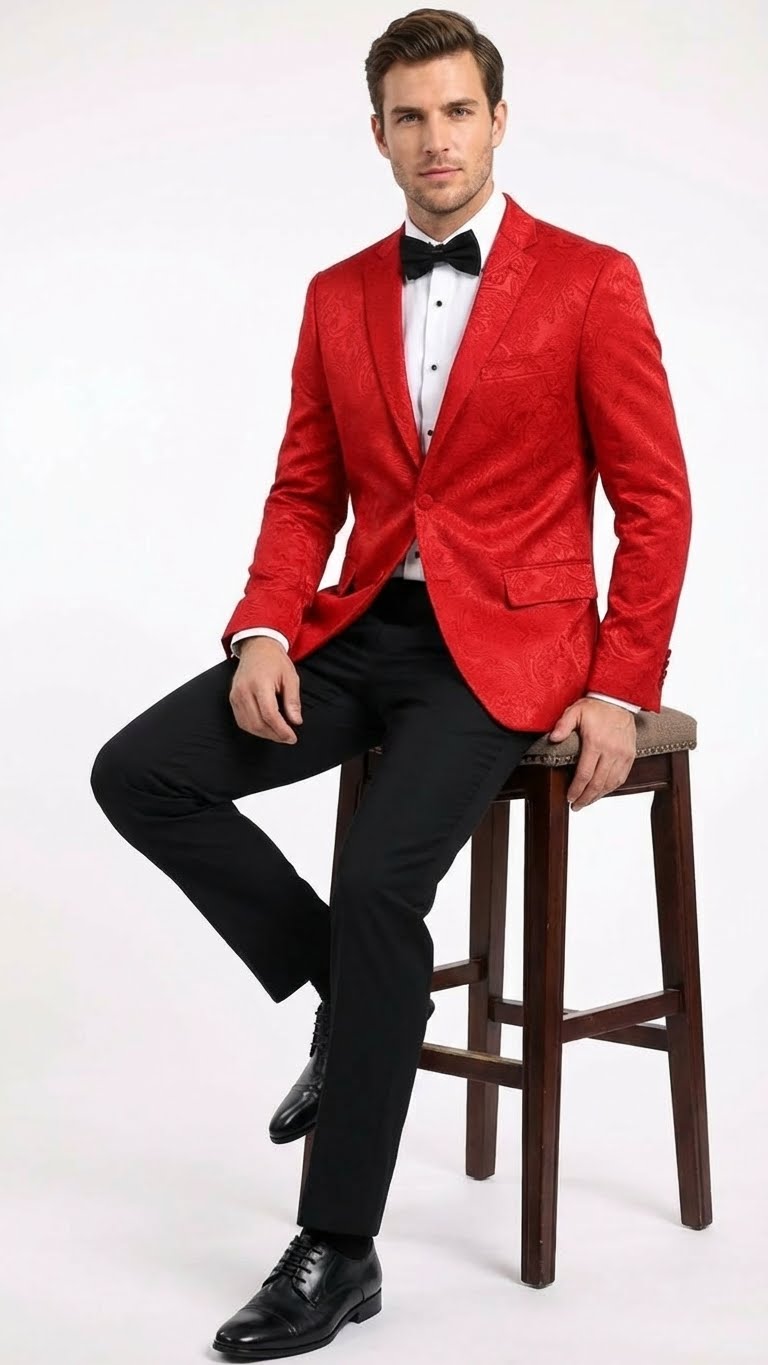 Mens Red Paisley Velvet Blazer - Christmas new year Sport Coat Jacket - Prom 2026 Collection