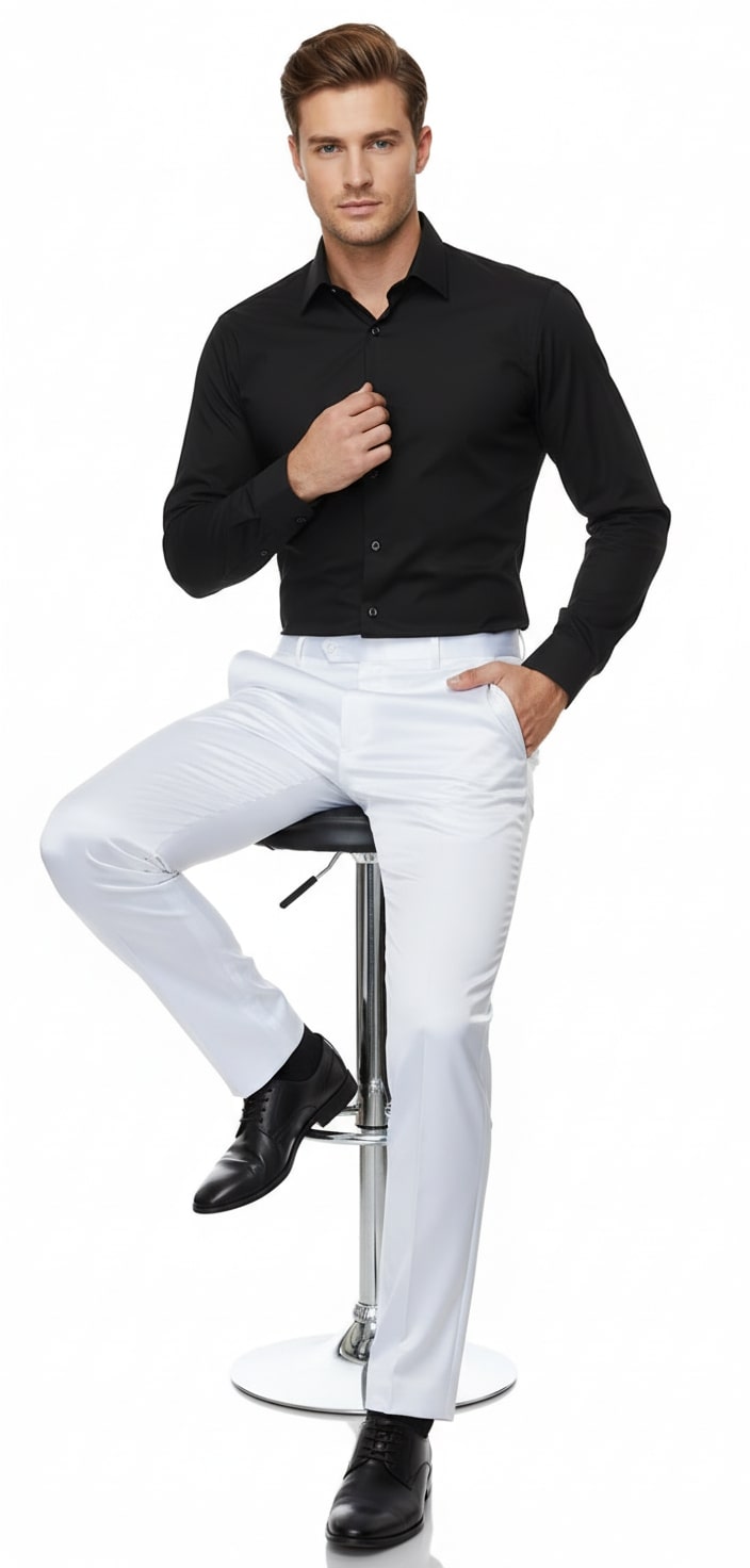 Mens White Satin Slim Fit Dress Pants  Shiny Formal Party and Wedding Trousers