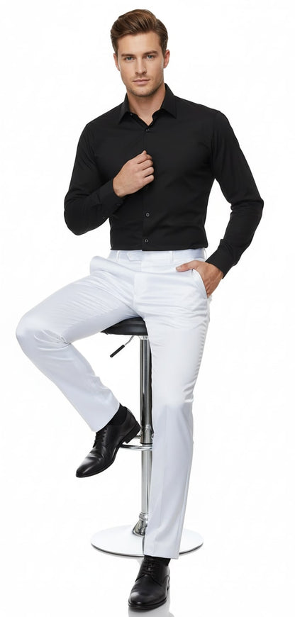 Mens White Satin Slim Fit Dress Pants  Shiny Formal Party and Wedding Trousers