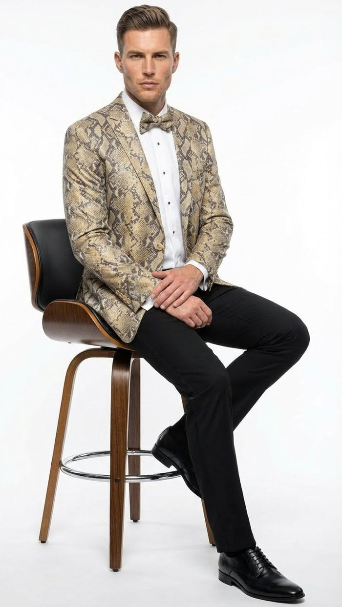 Mens Beige and Black Snakeskin Print Blazer  Alligator Crocodile Exotic Sking Sport Coat Jacket in Tan Camel Color