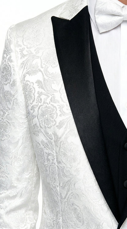 Men’s White Shiny Paisley Flower Pattern Tuxedo Jacket with Black Lapel, Formal Wedding Blazer