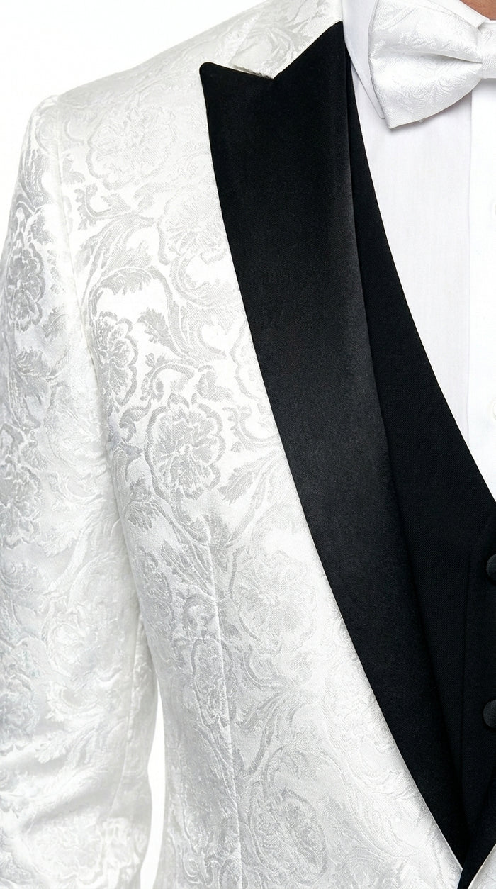 Men’s White Shiny Paisley Flower Pattern Tuxedo Jacket with Black Lapel, Formal Wedding Blazer