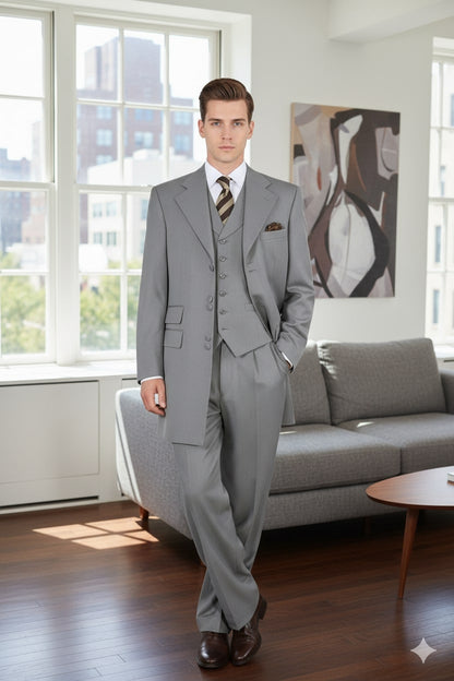 Mens Zoot Suit - Light Gray 3-Piece Suit with Vest  Classic Business and Wedding Formal Wear - 1920s Fashion