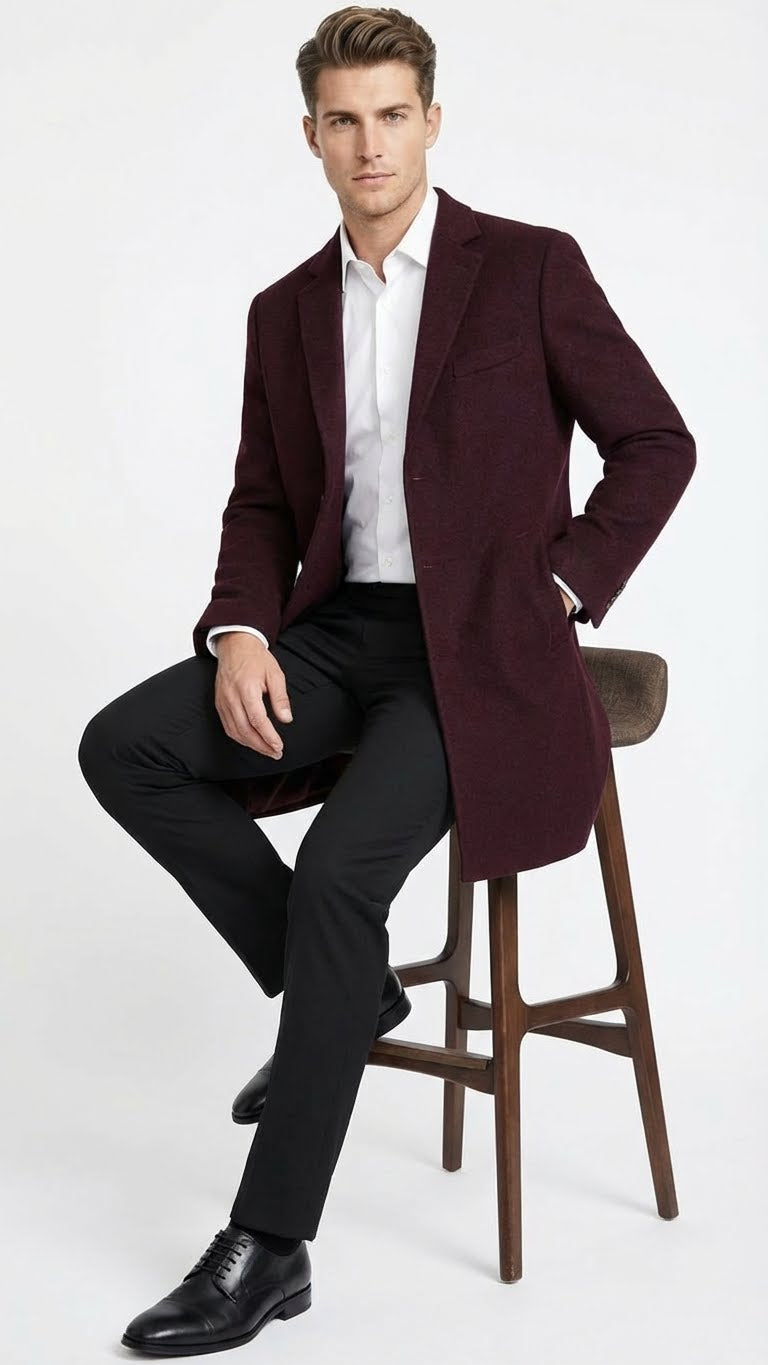 Mens Burgundy Mid-Length Overcoat  Classic Fit Wool Blend Dress Coat Three Quarter Carcoat Topcoat