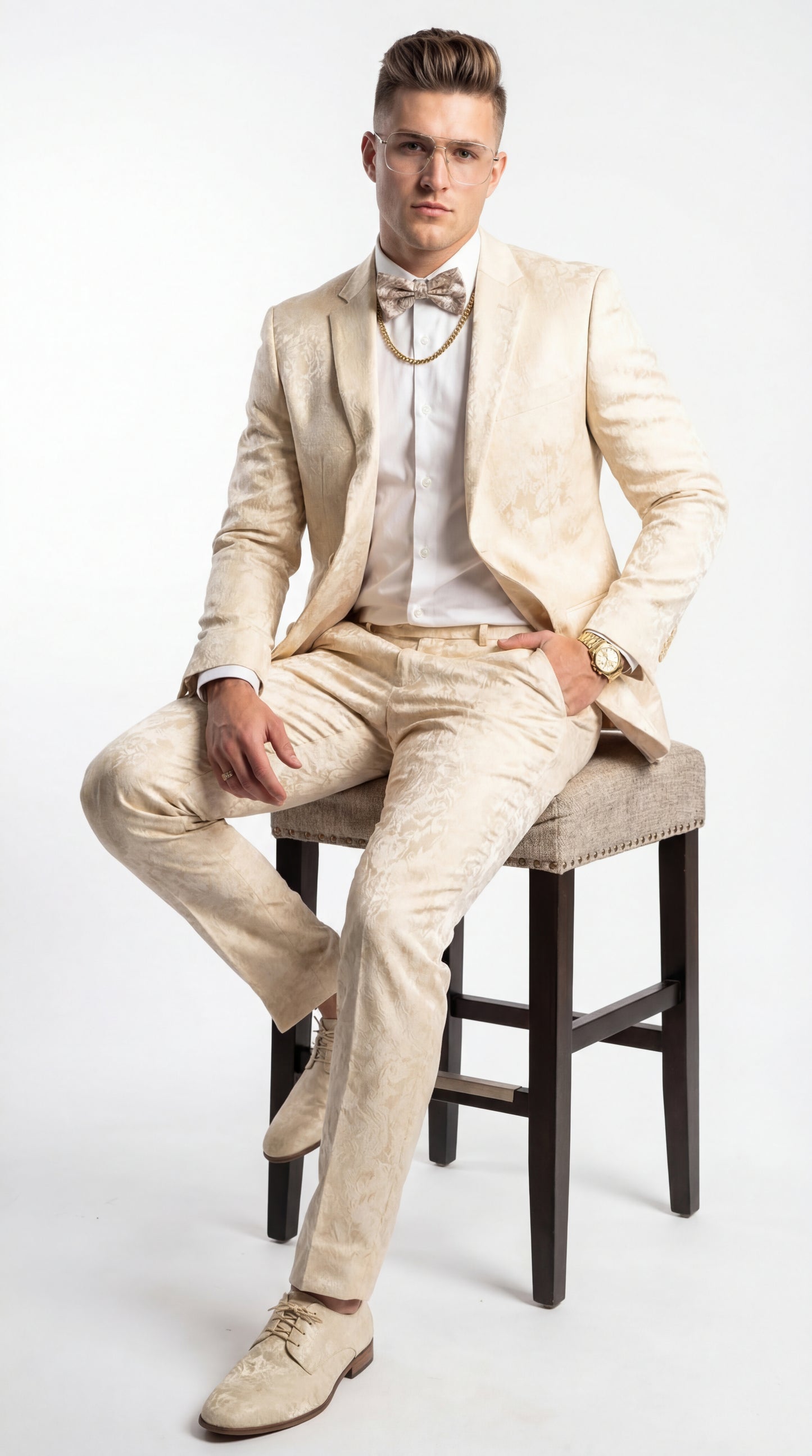 Mens 2 Button White with Gold Foil Floral Paisley Prom and Wedding Tuxedo