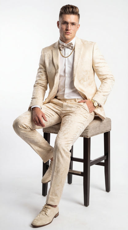 Mens 2 Button White with Gold Foil Floral Paisley Prom and Wedding Tuxedo