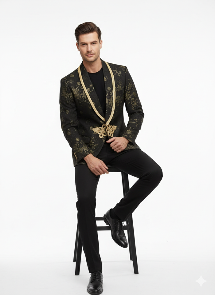 Mens Black and Gold Embroidered Luxury Blazer  Designer Floral Pattern Wedding & Party Jacket (Sim534)