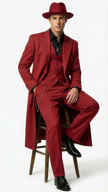 Mens 1920s Red Zoot Suit  Long Mafia Gangster Three-Piece Vintage Outfit Zuit Pachuco Style