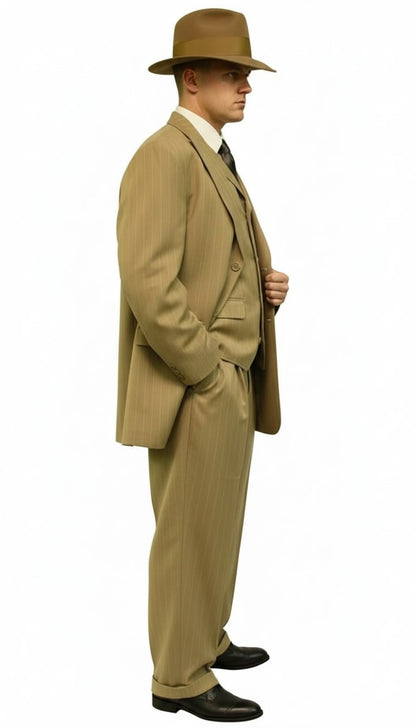 Mens Tan Pinstripe Zoot Suit  1920s Gangster Vintage 3-Piece Suit with Wide-Leg Pants