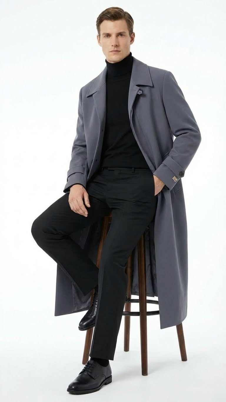 Mens Full-Length Charcoal Grey Overcoat  Premium Microfiber Blend Long Dress Coat for Winter and Formal Wear in Gray Color