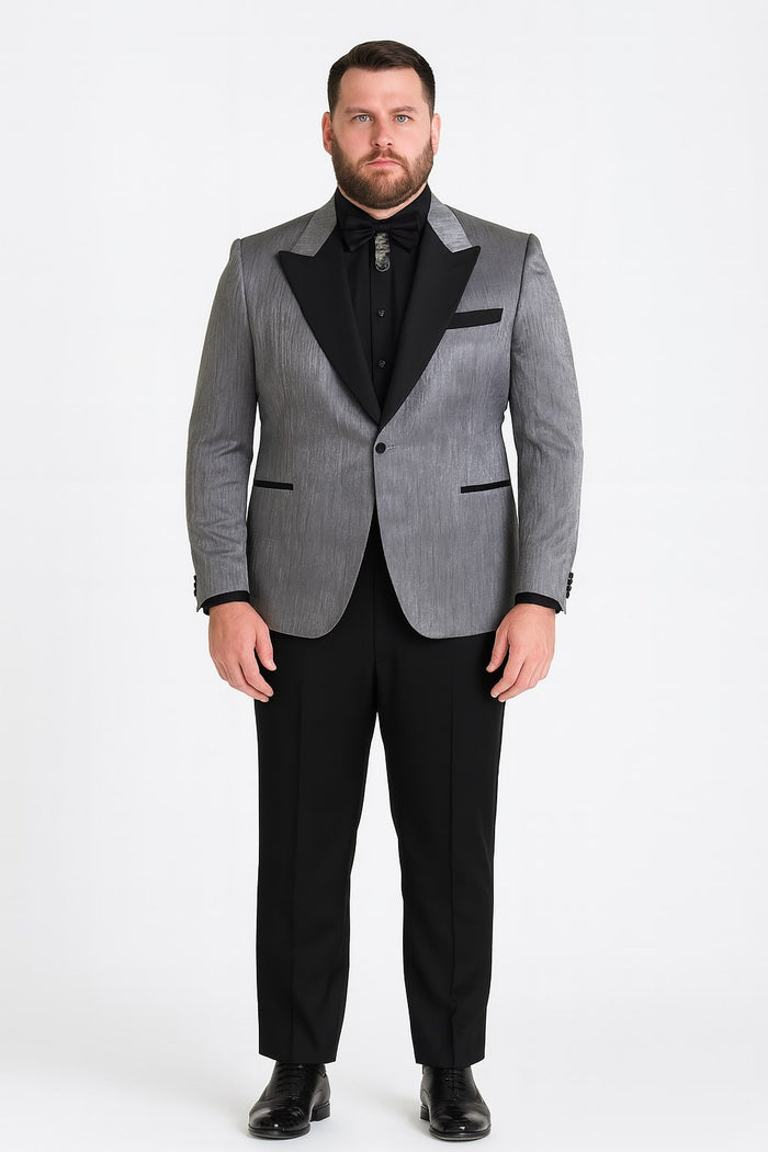 Silver Metallic Tuxedo Suit with Black Satin Peak Lapel  Mens Slim Fit Formal Wedding and Prom Attire in Charcoal Grey With Pants
