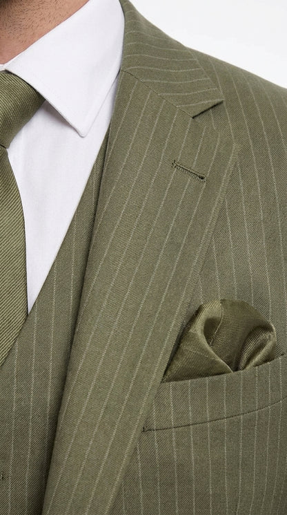 Men’s Olive Green Tone-on-Tone Shadow Pinstripe  3 Piece Suit – Modern Formal Suit with Vest Shadow Stripe