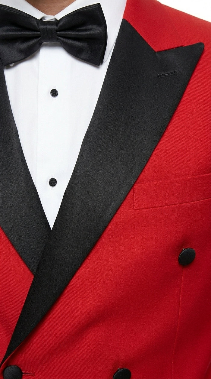 Men’s Red Double Breasted Wool Tuxedo with Black Lapel, Formal Wedding Prom Dinner Jacket