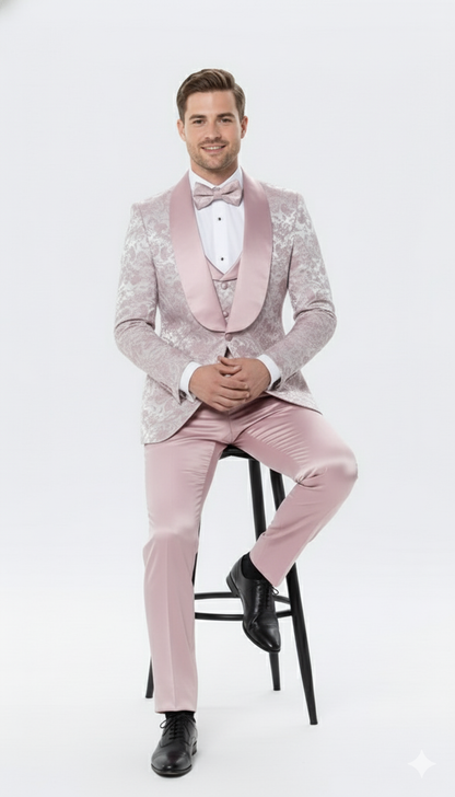 Mens Light Pink Dusty Rose -  Floral Tuxedo Suit  Luxury Satin Shawl Lapel 3-Piece Formal Wedding and Prom Suit in Blush Mauve color