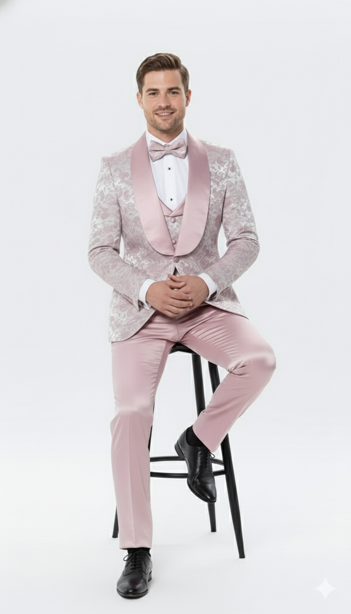 Mens Light Pink Dusty Rose -  Floral Tuxedo Suit  Luxury Satin Shawl Lapel 3-Piece Formal Wedding and Prom Suit in Blush Mauve color