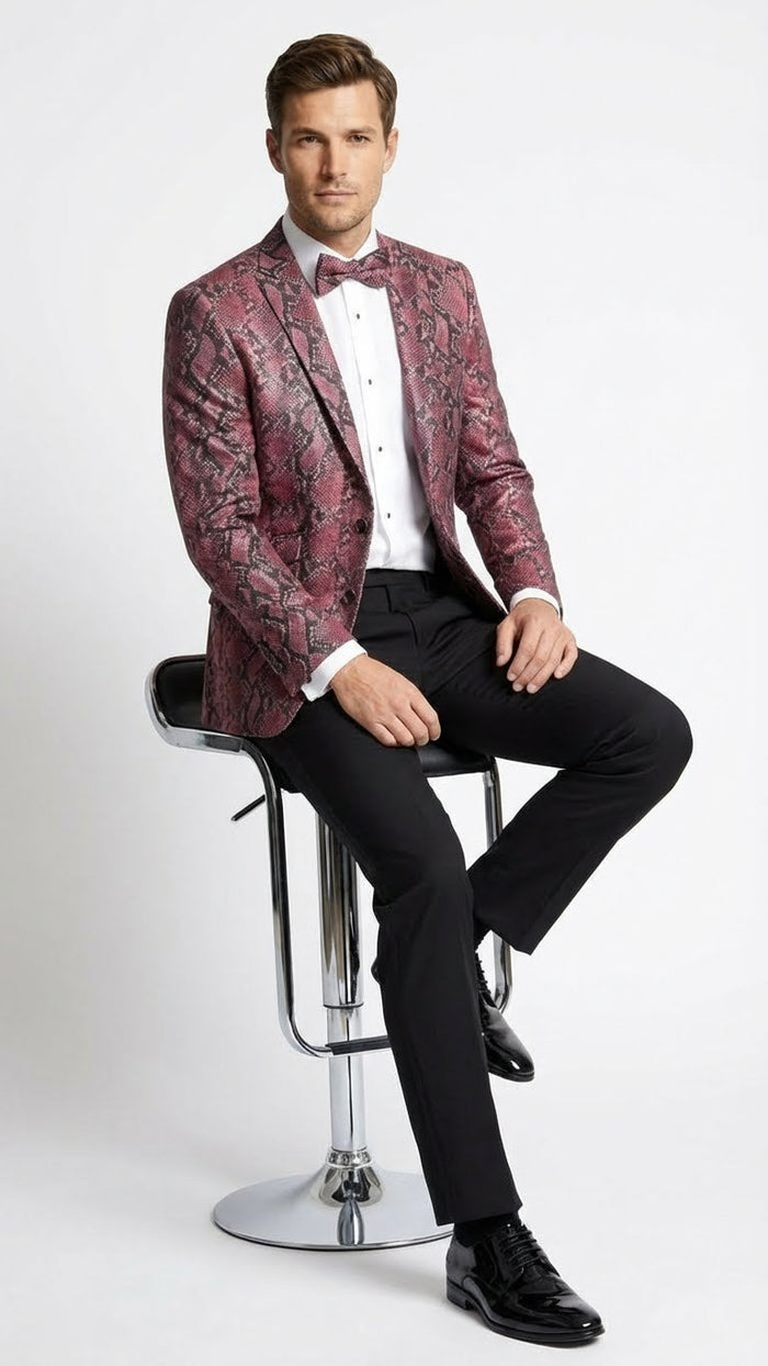 Mens Burgundy and Black Snakeskin Print Blazer  Alligator Crocodile Sport Jacket Exotic Skin