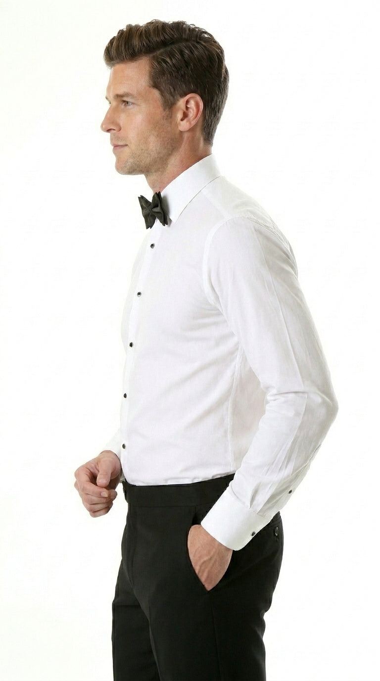 Men’s White Spread Collar Tuxedo Shirt with Plain Front, Formal Wedding Dress Shirt