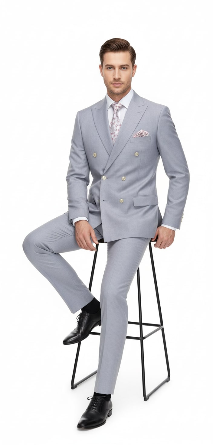 Mens Silver Grey Double-Breasted 3-Piece Suit  Classic Tailored Fit with Peak Lapel and Gold Buttons for Weddings, Church and Formal Events