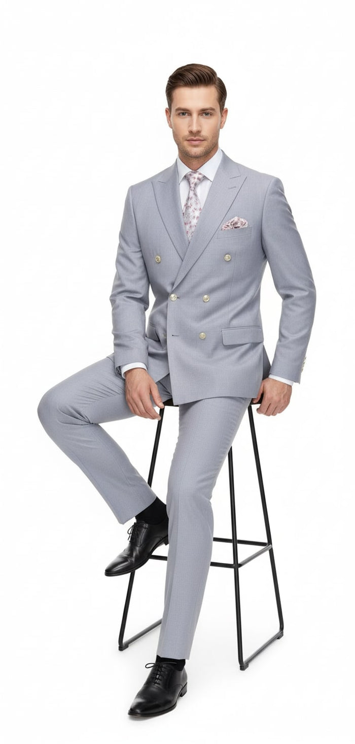Mens Silver Grey Double-Breasted 3-Piece Suit  Classic Tailored Fit with Peak Lapel and Gold Buttons for Weddings, Church and Formal Events