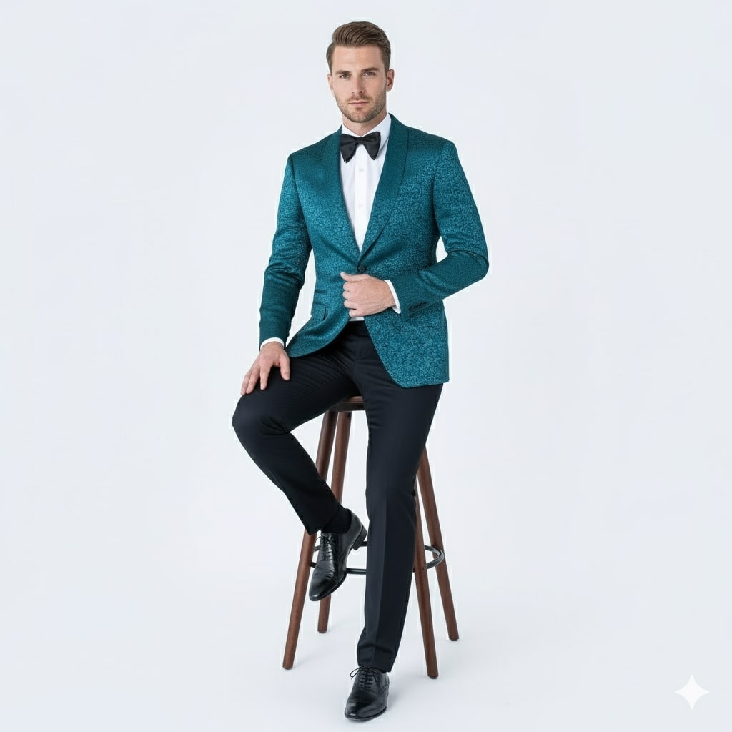 Mens Teal Blue Paisley Tuxedo Jacket  Elegant Shawl Lapel Dinner Blazer for Weddings, Prom and Formal Events - Greenish Blue