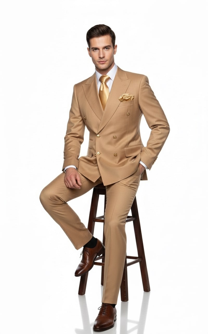Mens Camel - Bronze - Goldish khaki Double-Breasted Suit  Luxury 2-Piece Formal Set with Gold Buttons and Peak Lapels by Rossi Man