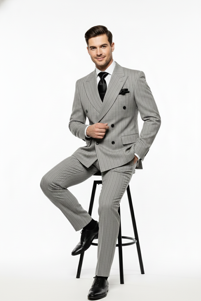 Men's Grey and Black Pinstripe Double-Breasted Suit - 1920s Gangster Vintage Looking suit By Rossiman