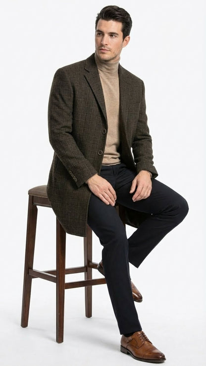 Mens Brown Checkered Wool Overcoat  Long Winter Coat with Classic Plaid Pattern By Statement