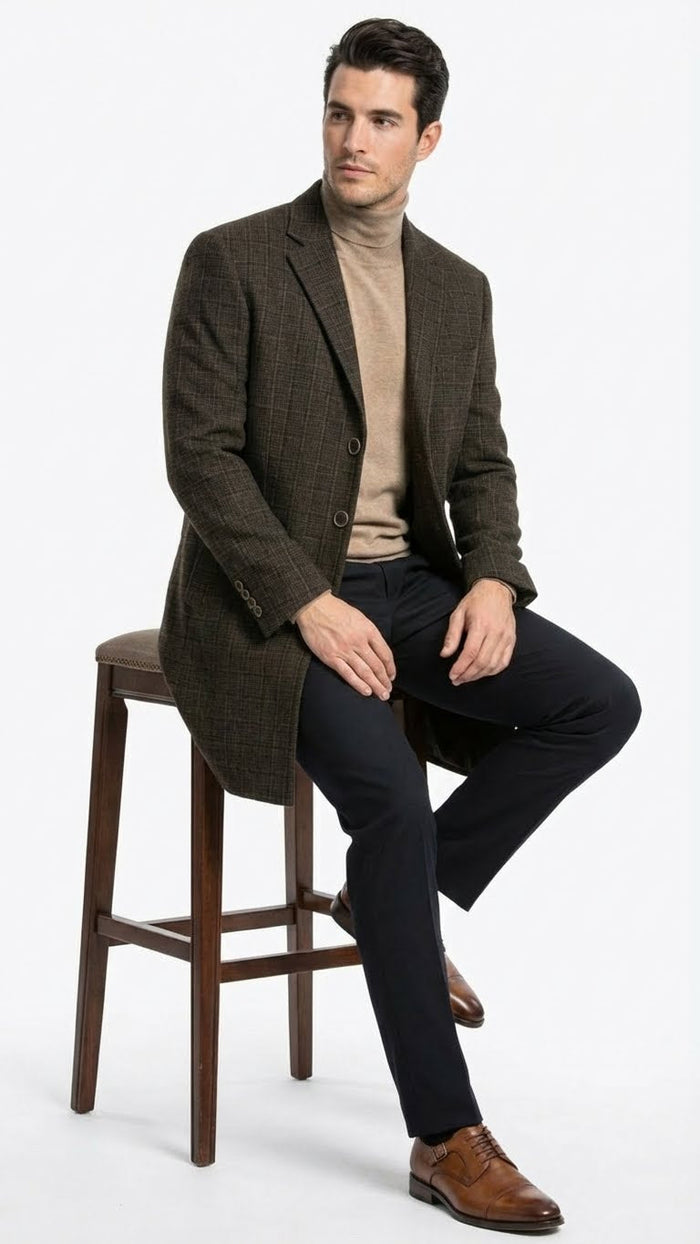 Mens Brown Checkered Wool Overcoat  Long Winter Coat with Classic Plaid Pattern By Statement