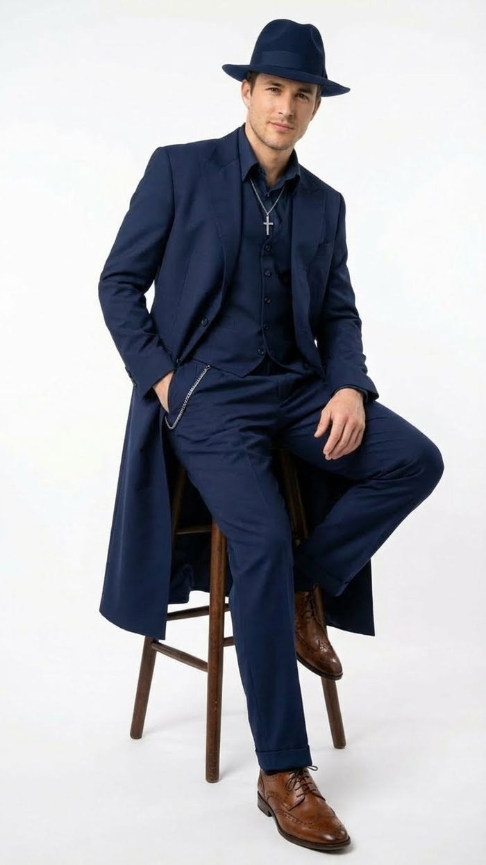 Men's Navy Blue 1920s Zoot Suit Long Mafia Gangster Three-Piece Vintage Costume Set Zuit Pachuco Style