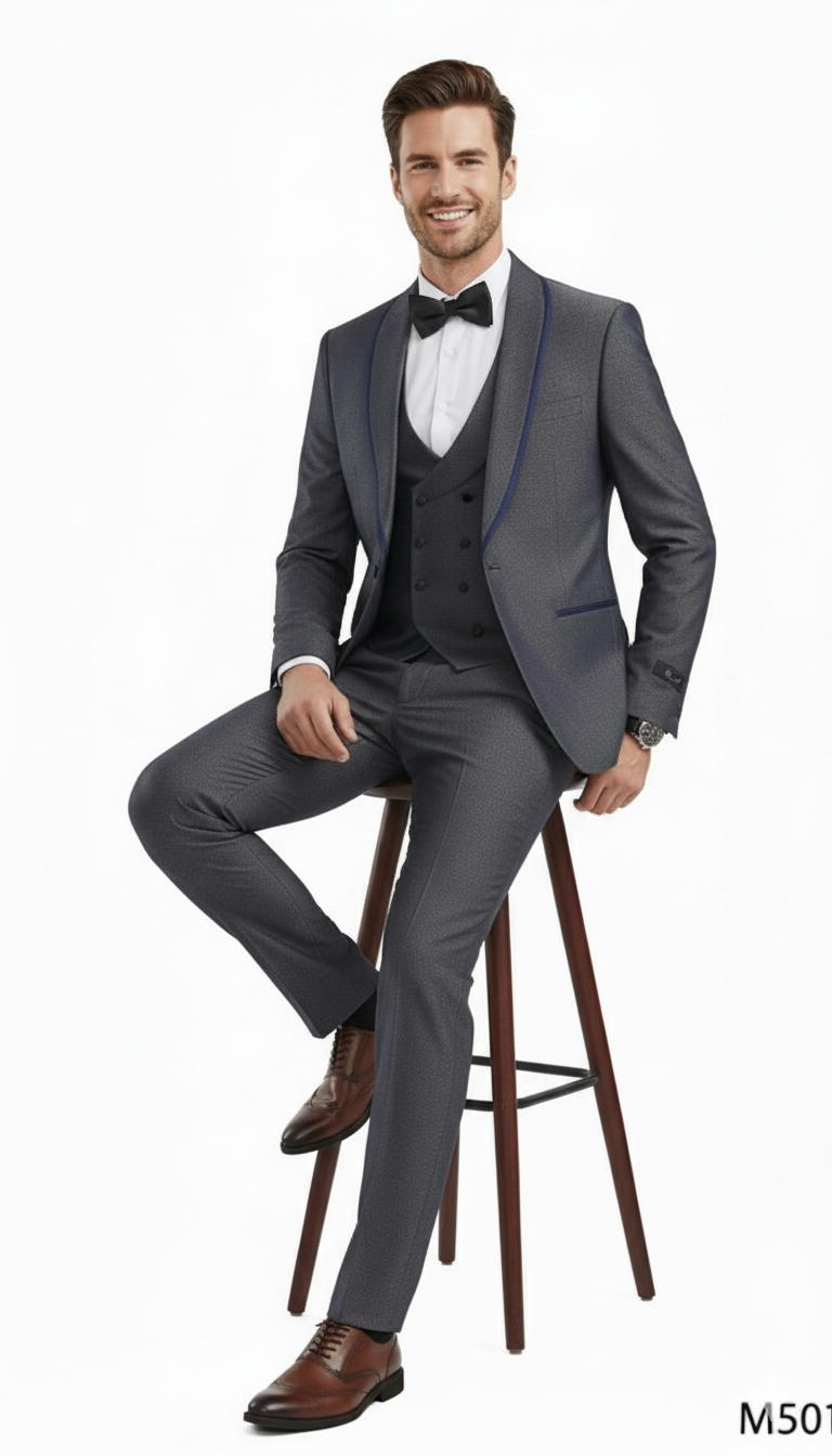 Mens Charcoal Gray with blue Trim Slim Fit 3-Piece Suit  Modern Wedding and Business Formal Tuxedo Set