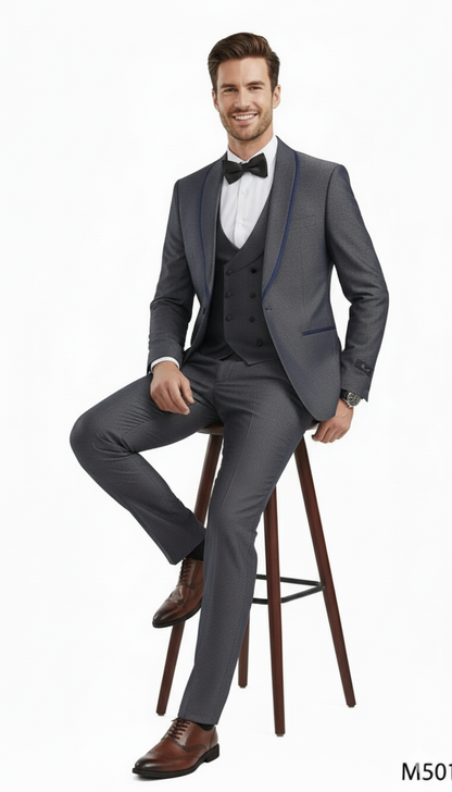 Mens Charcoal Gray with blue Trim Slim Fit 3-Piece Suit  Modern Wedding and Business Formal Tuxedo Set