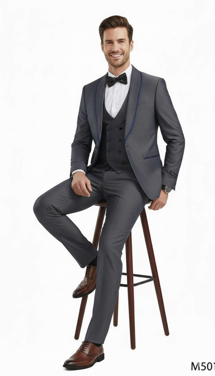 Mens Charcoal Gray with blue Trim Slim Fit 3-Piece Suit  Modern Wedding and Business Formal Tuxedo Set