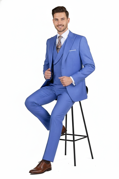Mens Light Blue Double-Breasted 3-Piece Suit Set  Tailored Fit Formal Business Suit in Steel Blue Sky Blue Color