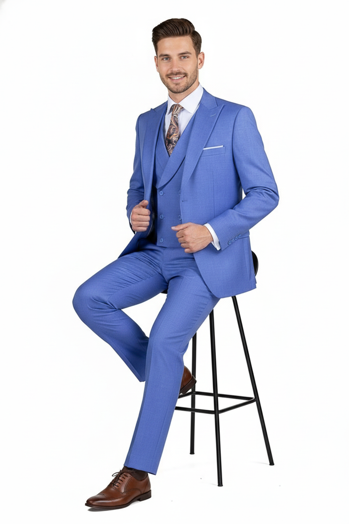 Mens Light Blue Double-Breasted 3-Piece Suit Set  Tailored Fit Formal Business Suit in Steel Blue Sky Blue Color