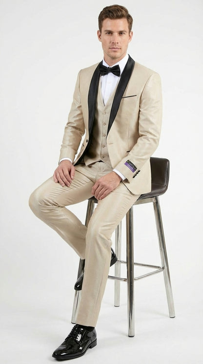 Men’s Champagne Beige Shiny Tuxedo 3 Piece Suit with Black Shawl Lapel | Formal Wedding Prom Suit Set in Sand Light Tan Color