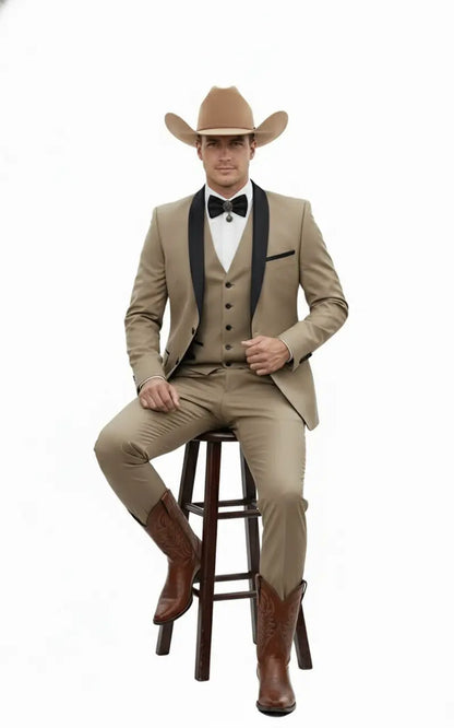 Men’s Western Cowboy Suit – 3-Piece Tan Tuxedo with Black Lapel, Vest, and Pants Beige  Color