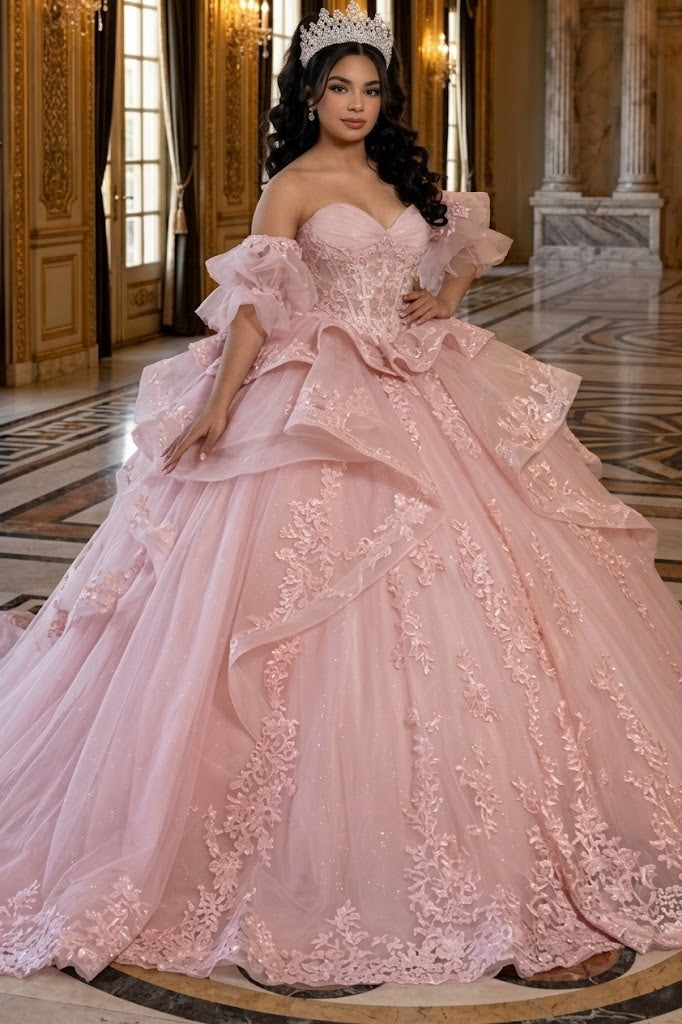 Quinceañera Ball Gown with Corset Bodice 3D Lace Appliqués & Detachable Train By Layla K LK289