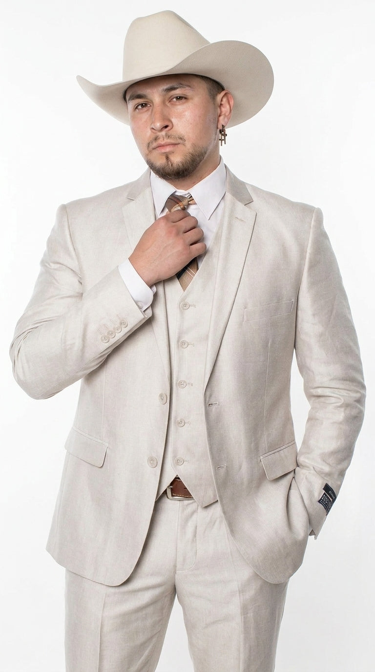 Men’s Sand champaign  Western Cowboy 3-Piece Suit – Light Cream Wedding Suit with Vest & Pants Slim Fitted
