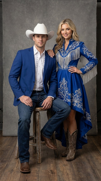 Men’s Dark Royal Blue Western Blazer – Cowboy Sport Coat Jacket with Two-Button Front Saphire Indigo Cobalt Blue