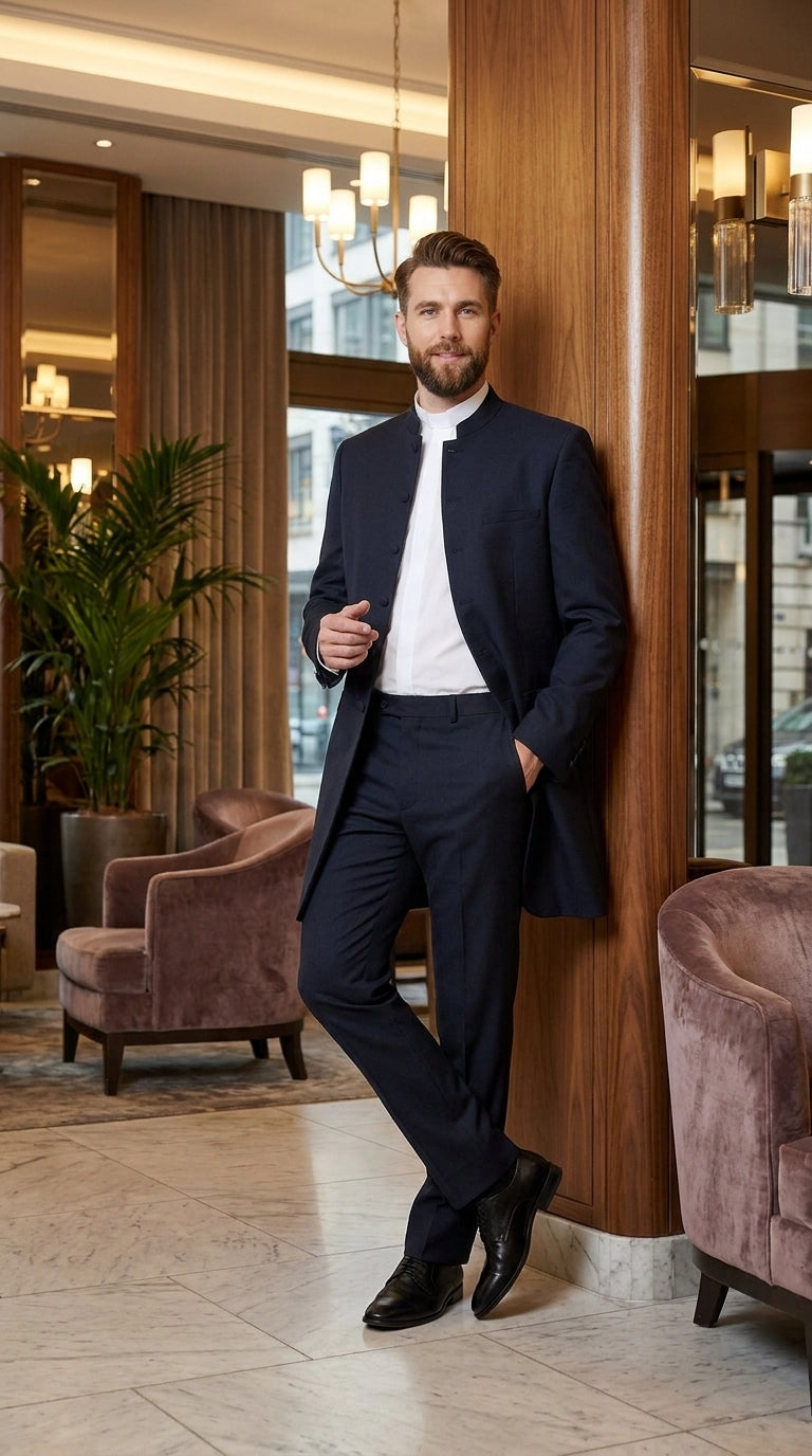 Men’s Black Mandarin Collar Suit – Matrix Neo Inspired Long Jacket & Pants Formal Suit