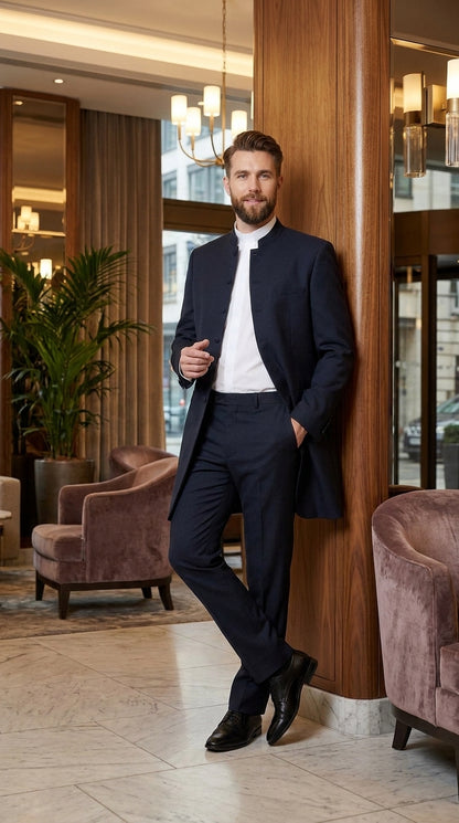 Men’s Black Mandarin Collar Suit – Matrix Neo Inspired Long Jacket & Pants Formal Suit