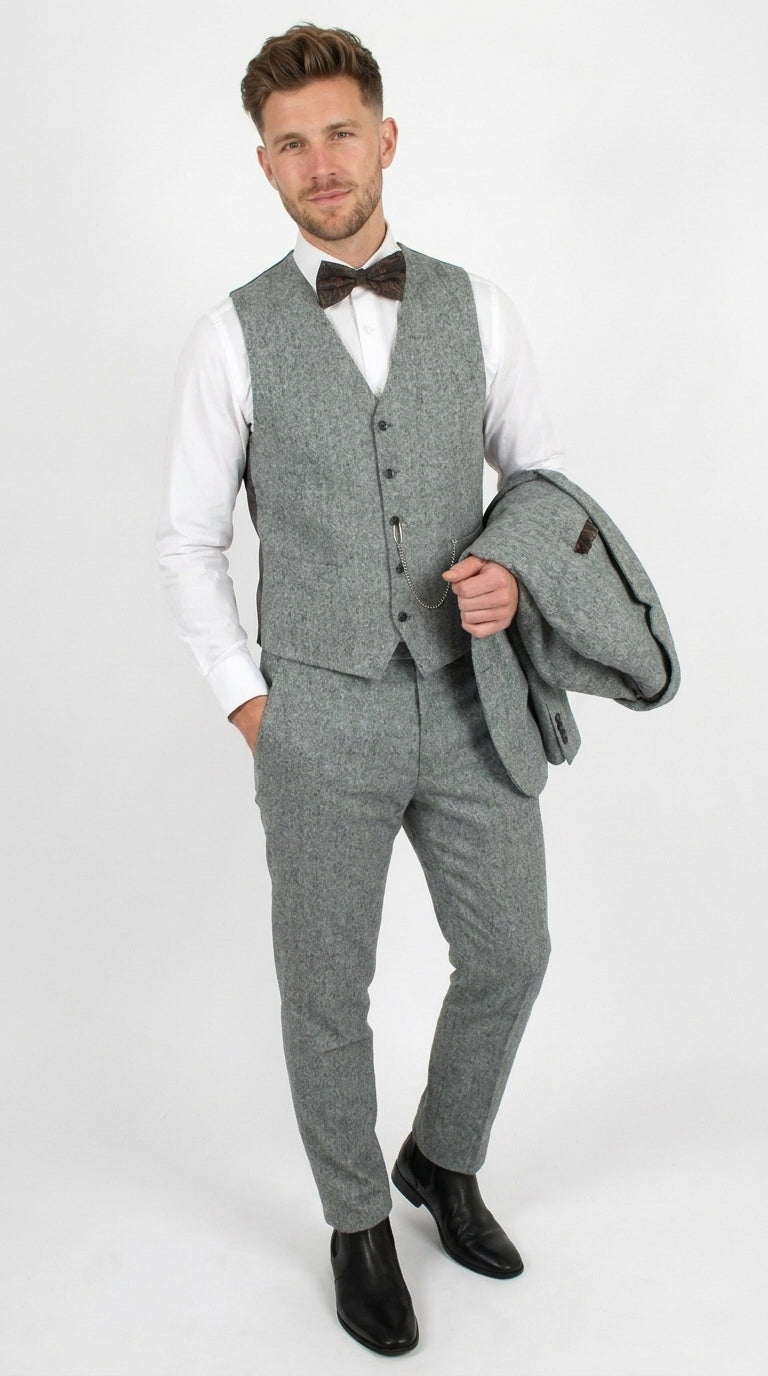 Men’s Grey Edwardian 3 Piece Suit – Vintage Victorian Wedding Suit with Vest Herringbone Tweed Fabric