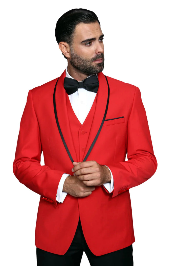 3-Piece Tailored Fit Wool Suit with Bow Tie and Flat Front Pants - Red