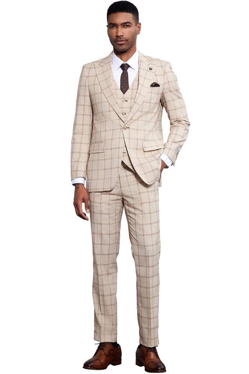Men's Stacy Adams One Button Peak Lapel Vested Windowpane Plaid Suit in Tan