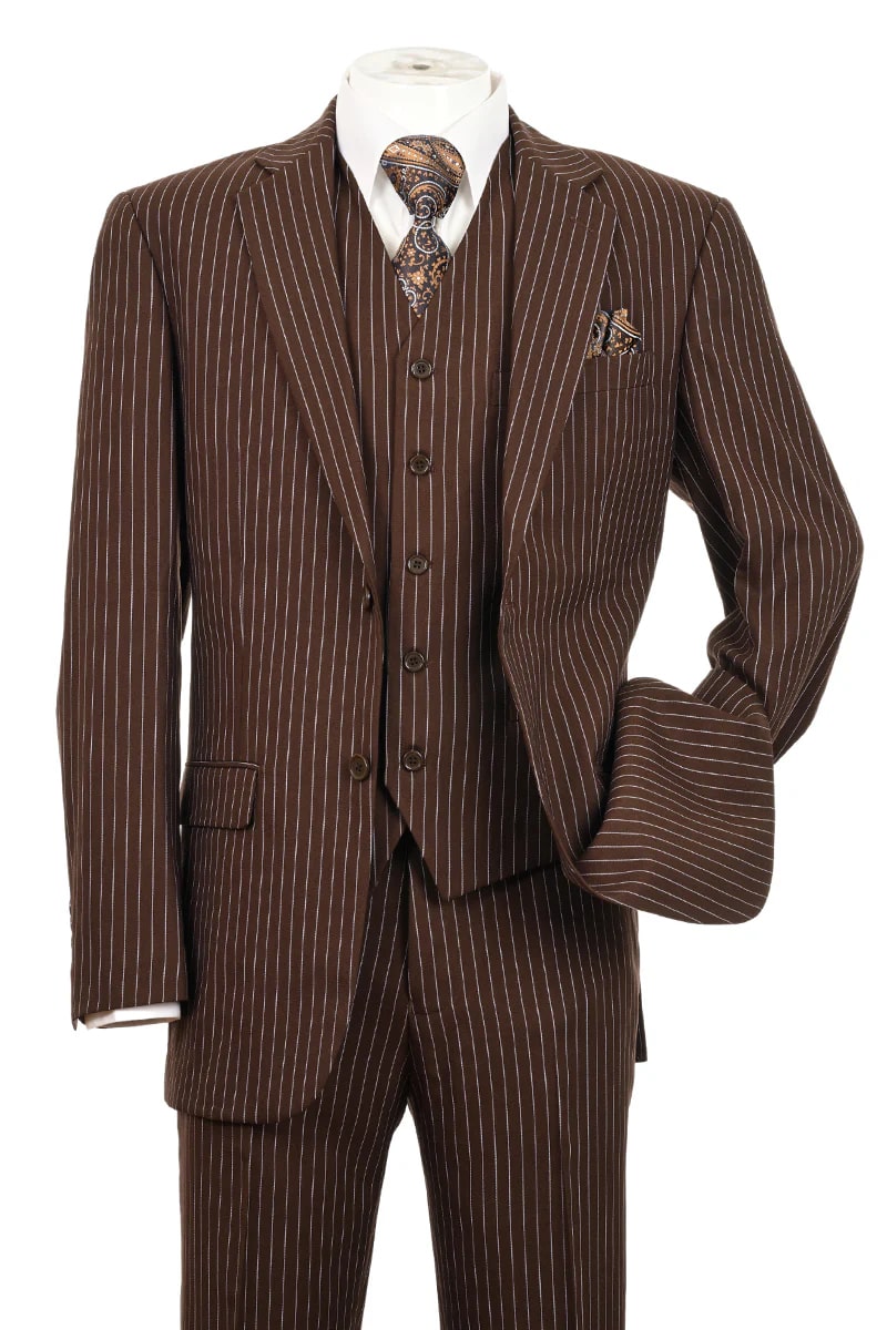 Mens Brown Bold Pinstripe 2-Button Gangster-Style Suit with Vest