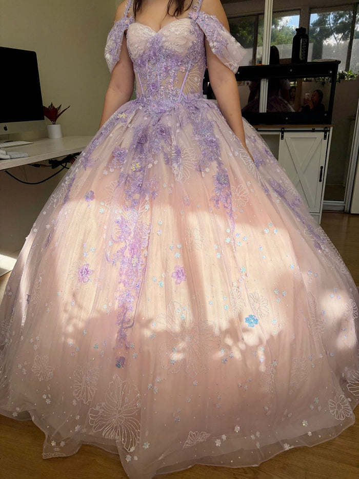 Layla K LK257 Sheer Corset Bodice Lilac/Blush Embellished Quince Gown