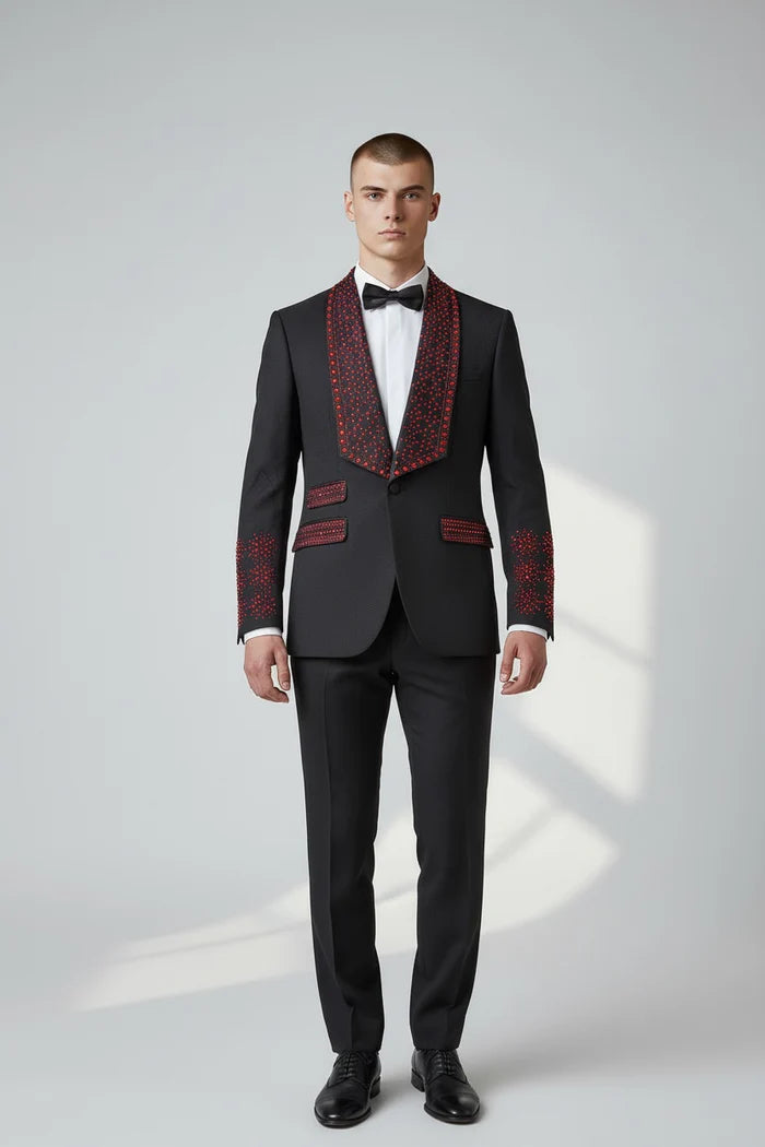 Men’s Bella Embellished Black & Royal Blue Tuxedo – 3 Piece Formal Suit with Shawl Lapel, Vest & Matching Pants