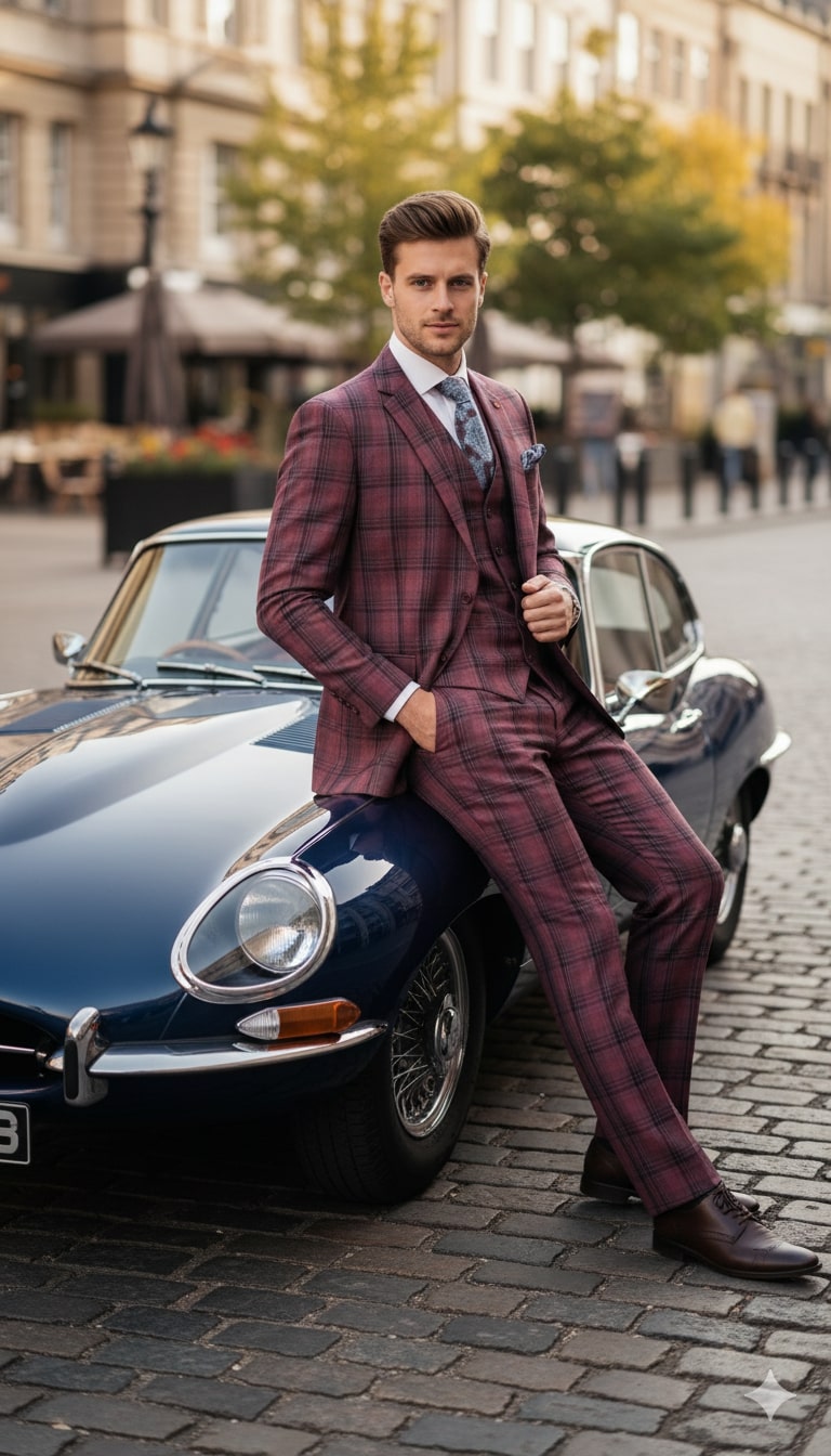 Mens Red Burgundy Plaid 3-Piece Suit  Classic Checkered Modern Fit Suit for Weddings, Church and Formal Events
