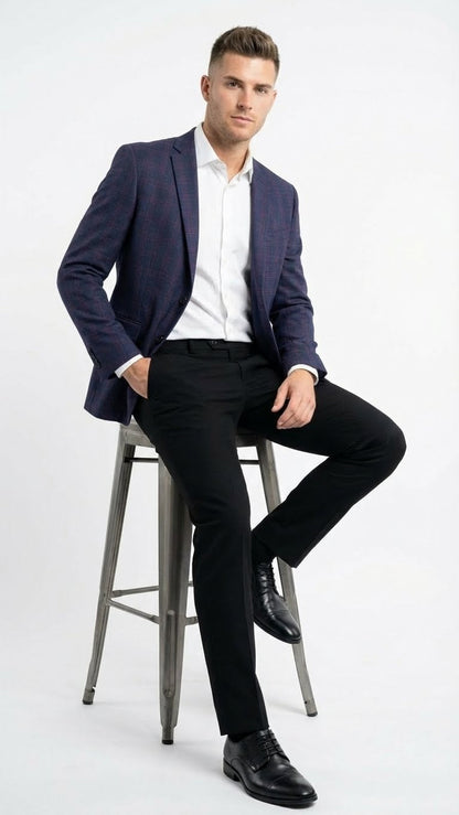 Mens Big and Tall Navy Blue with Burgundy Plaid Jacket and Sport Coat  Wool Blazer